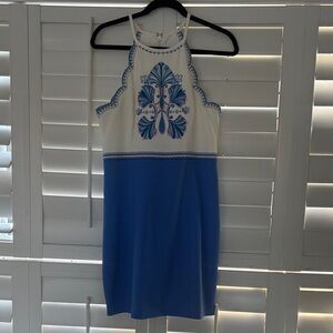 Lilly Pulitzer White and Blue Halter Mini Dress with Embroidered Motif
